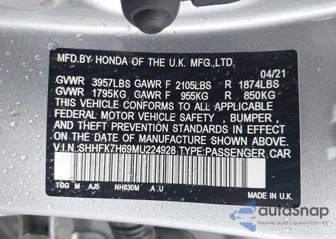 2021 Honda Civic Ex z USA, uszkodzony, nr VIN SHHFK7H69MU224928